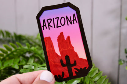 Arizona Landscape State Sticker. Overlook onto Arizona landscape with a stunning sunset gradient. Show your state pride.