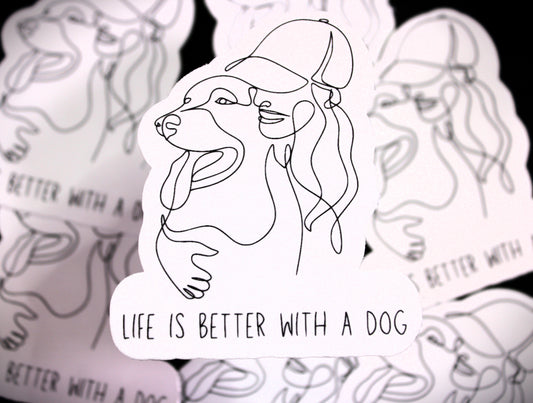 "Life is better with a dog" Outline of a girl with her dog. - Decal/ Sticker perfect for laptops, water bottles and more!