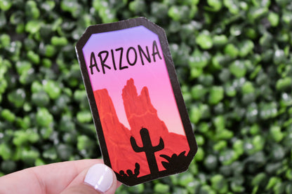 Arizona Landscape State Sticker. Overlook onto Arizona landscape with a stunning sunset gradient. Show your state pride.