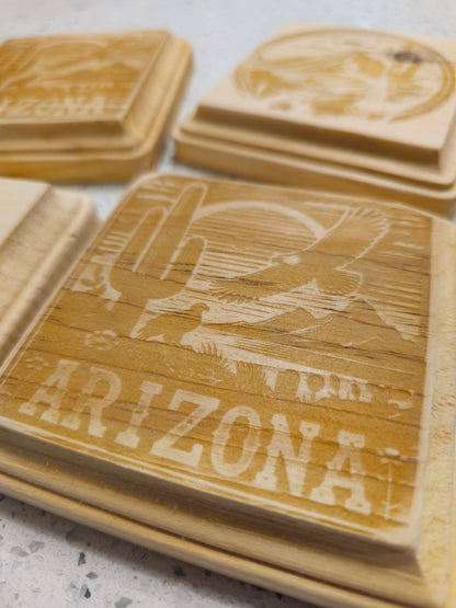 Wooden Engraved Coasters - Mountain/Cactus