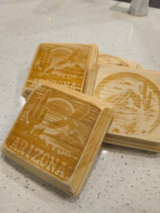 Wooden Engraved Coasters - Mountain/Cactus