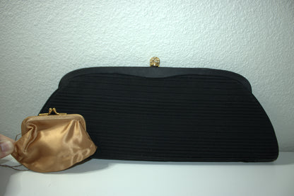 1960's Vintage HL USA Black Clutch with Rhinestone Clasp w/ Attached Coin Purse