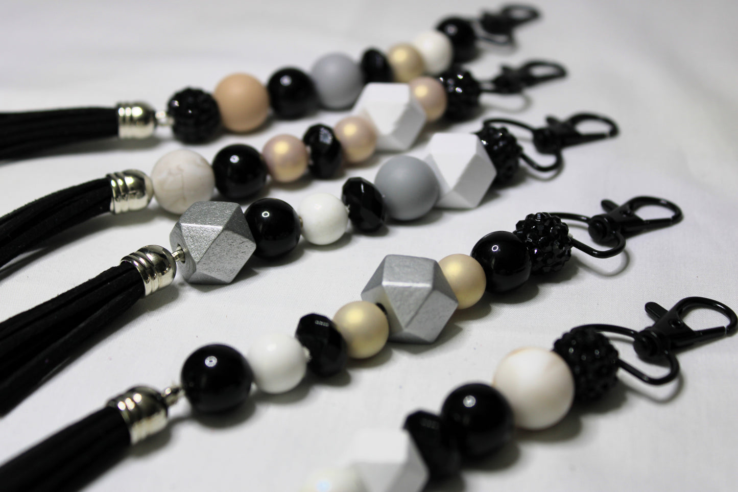 Straight Beaded Keychain Black/White/Tan Geometric