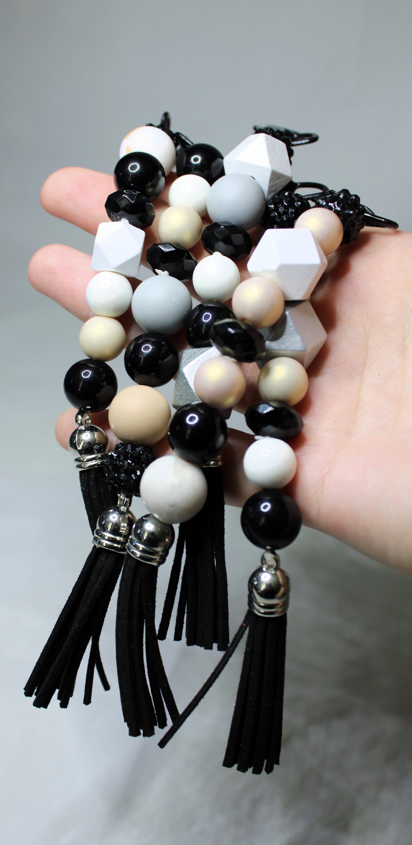 Straight Beaded Keychain Black/White/Tan Geometric