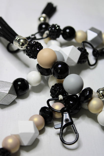 Straight Beaded Keychain Black/White/Tan Geometric