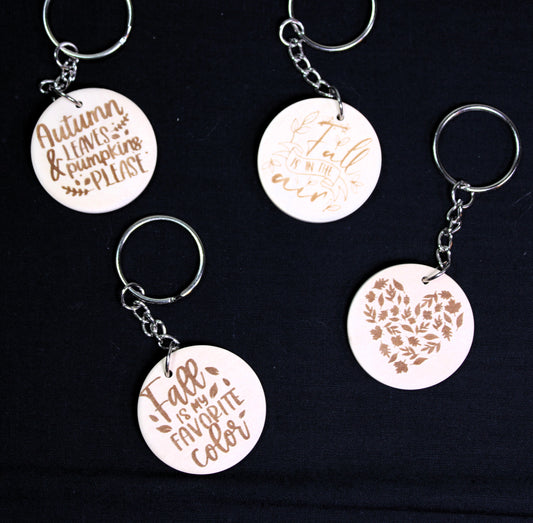 Fall Laser Engraved Round Wood Keychains