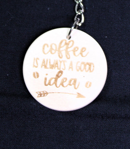 Coffee Laser Engraved Round Wood Keychains