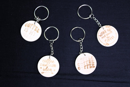 Coffee Laser Engraved Round Wood Keychains