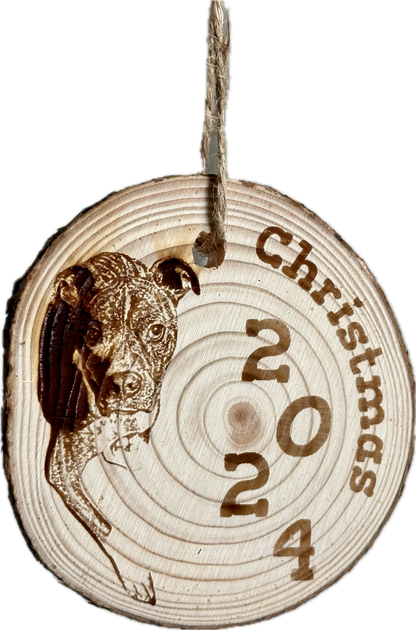 Pet (or any picture) Ornaments on Wood Rounds - Custom Engraved