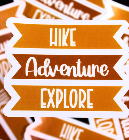 Wood slats with "HIke. Adventure. Explore" on them- Decal/ Sticker perfect for laptops, water bottles and more!