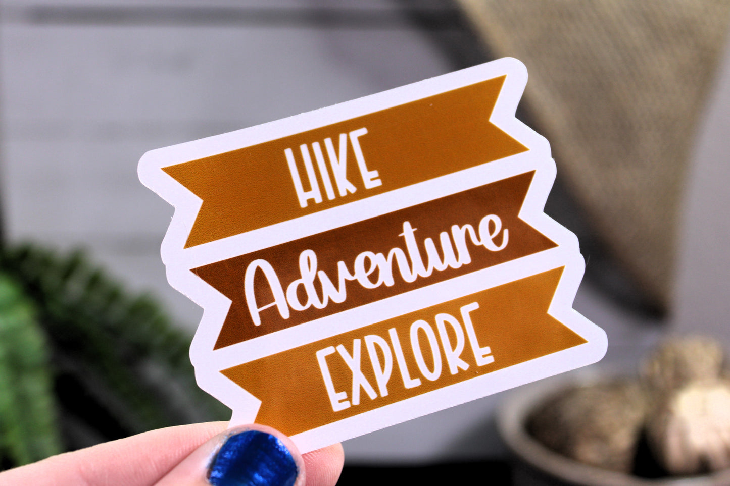 Wood slats with "HIke. Adventure. Explore" on them- Decal/ Sticker perfect for laptops, water bottles and more!