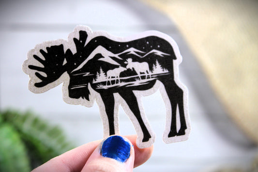 Moose Silhouette with mountainous outline inside-  Decal/ Sticker perfect for laptops, water bottles and more!