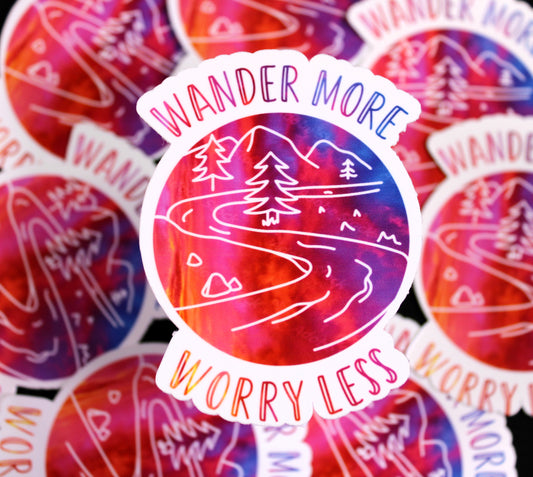 Wander More Worry Less colorful gradient of a stream in the mountains - Decal/ Sticker perfect for laptops, water bottles and more!